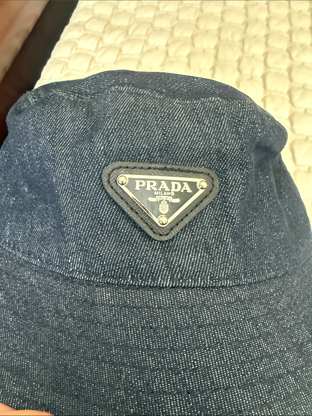 Prada Dark Blue Denim Bucket Hat with Triangle Logo - Picture 5 of 5